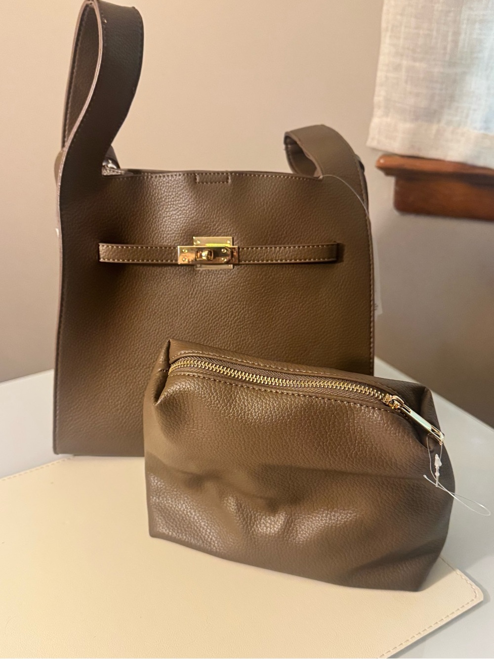 Chocolate Brown Structured Tote w/ Shoulder Strap & Matching Pouch – NWT